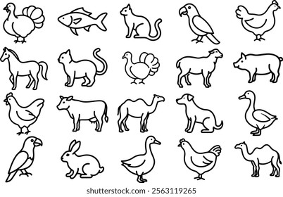 A set of line art illustrations depicting various domestic animals, including a cow, cat, rabbit, fish, parrot, camel, duck, chicken, sheep, pig, horse, and turkey.