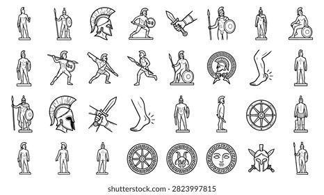 A set of line art illustrations depicting ancient Greek warriors, helmets, swords, and mythological figures.