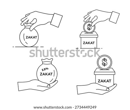 Set of line art illustrations depicting Zakat, the Islamic obligation of charity. Includes hands giving money bags and dollar coins into donation boxes, with 2.5 explicitly shown.