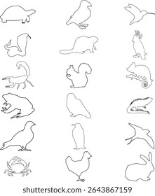  A set of line art illustrations featuring various domestic animals including a bull