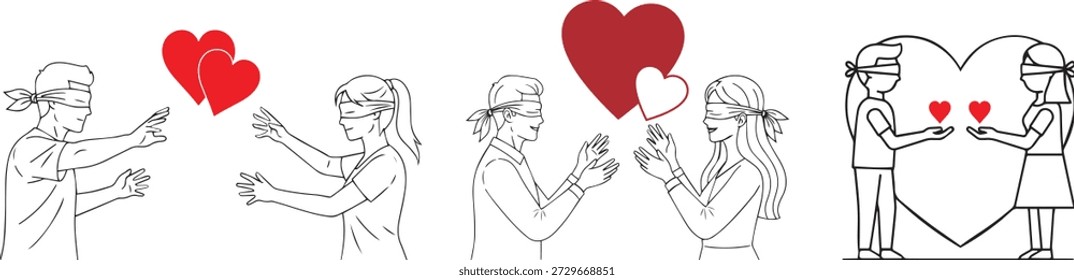 Un conjunto de ilustraciones de arte de línea con un hombre y una mujer con los ojos vendados