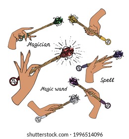 Set of line art illustrations of hand drawn witch hands holding magic wands. Isolated on white background.