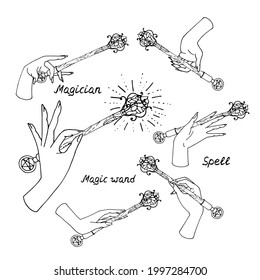 Set of line art illustrations of hand drawn witch hands holding magic wands. Isolated on white background.