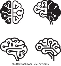 Set of line art illustrations of human brains with integrated circuit designs.