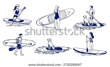 Set of line art illustrations with people and a dog on SUP boards. Characters in standing, walking, and kneeling poses. Minimalist beach style, white background. Great for summer sport themes.