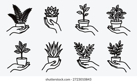 Set of line art illustrations of potted plants in hands various types of foliage