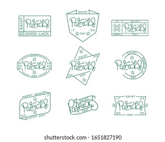 Set of line art labels for Saint Patrick's day . Handwritten lettering. Creative thin line calligraphy bundle. Vector design elements.