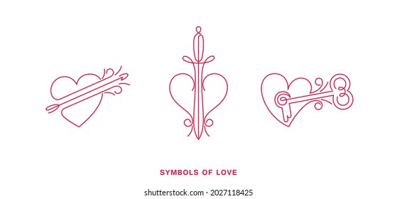 Set of line art labels and stamps. Symbols of love. Heart pierced by an arrow, a dagger and opened with a key. Vector graphics