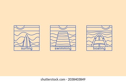 Set of line art labels and stamps. Types of recreation and entertainment on the water. Modern minimalistic style. Vector graphics