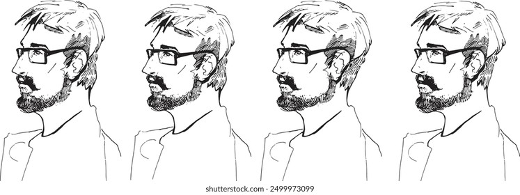 Set Line art male in glass beard short hair Profile Face Drawing contour graphic Clip art Man head close up illustration outline Sketch People Figure Realistic Cartoon Boss Bearded stylish portrait