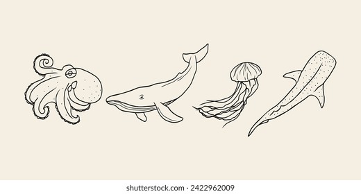 Set of line art marine animals