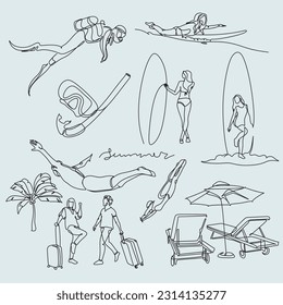 Set of line art minimal elements for summer holidays. Simple hand-drawn summer vacation. Vector diving, surfing, hedgehogs under palm trees, umbrella, diving, traveling with suitcases