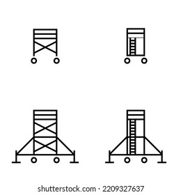 Set of line art mobile and construction scaffolding icon. Front and side view.