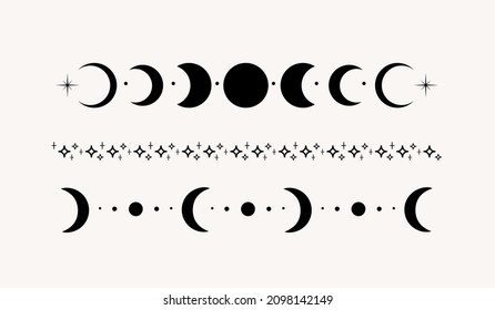 Set of line art mystical esoteric black crescent moon and stars dividers. Celestial mystic boho style astrology border, witchcraft symbol. Vector illustration EPS 10