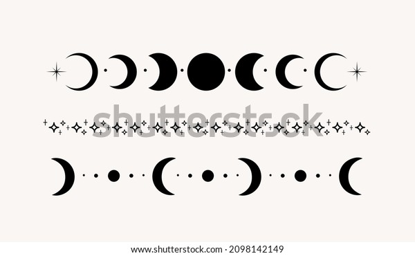 Set of line art\
mystical esoteric black crescent moon and stars dividers. Celestial\
mystic boho style astrology border, witchcraft symbol. Vector\
illustration EPS 10