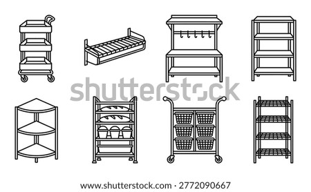 Set of line art objects for kitchen and storage. Includes carts, shelves, racks, and bread displays.