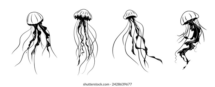 Set of Line art one line jellyfish for decoration design. Black line vector illustration on white background