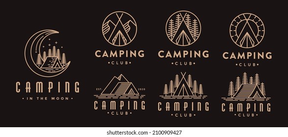 Set Of Line Art Outdoor Camping Logo, Campground Logo Vector Icon On Dark Background	