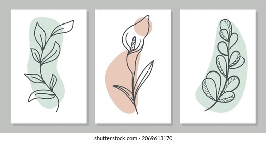 Conjunto de pinturas de líneas, ilustración vectorial. Colección de cuadros botánicos minimalistas, decoración de paredes. Dibujo moderno con un contorno de línea. Ilustración vectorial con flores y ramas caducifolias.