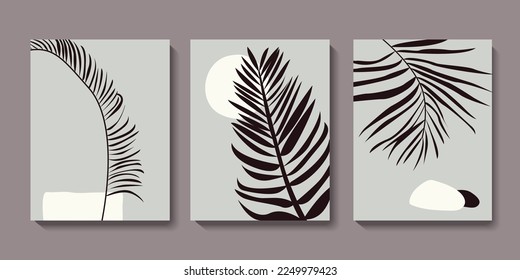 Set of line art palm leaf vector illustrations. Minimalist botanical wall art. Abstract tropical foliage with geometric shapes. Modern design for wallpaper, home decor, poster, card