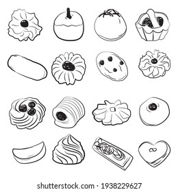 Set of line art pastries for eid isolated on white background, cookies, ramadan, idul idul fitr cookies