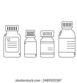 Set of line art pills bottles icons. Medicine containers for drugs. Editable stroke