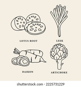 Set of line art plants and vegetables