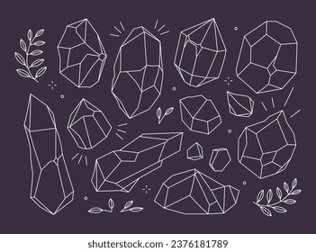 Set of line art polygonal crystals on a dark background.