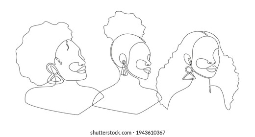 Retrato de arte en línea de mujeres afroamericanas. Continuo dibujo de una línea de la mujer cara aislada en blanco para logo, pancarta, huellas, tatuajes, afiches. Distinto peinado afro. Ilustración del vector