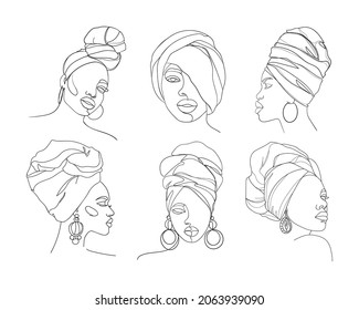 Set of Line art portrait African American women. Portrait of a woman. - Vector illustration