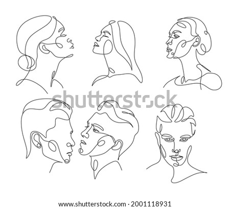 Set of line art portrait man and woman in abstract trendy style. Creative design for social media apps. Minimal simple vector. Beauty and fashion concept.