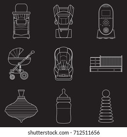Set of line art products icons for a newborn. Objects for newborns. Set of  baby stuff on black  background  vector illustration