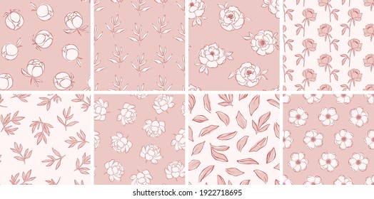 Set of line art repeatable patterns with peony flowers, branches. Collection of delicate vector patterns for wedding design, romantic holidays. Line art floral backdrop. Botanical patterns collection