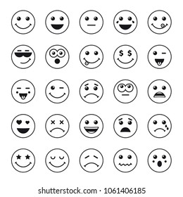 Set of line art round emoticons or emoji icons black. Smile icons vector illustration isolated on white background. Concept for World Smile Day smiling card or banner