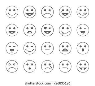 Set of line art round emoticons or emoji illustration grey icons. Smile icons vector illustration isolated on white background. Concept for World Smile Day smiling card or banner