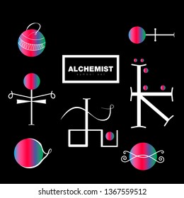 Set line art sacral geometry gradient circle alchemy symbol icons in modern style. Can be used for fluent design poster, electronic music technology cover, flyer, logo, t-shirt print, tatoo concept.
