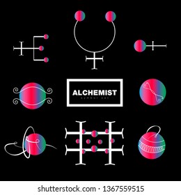 Set line art sacral geometry gradient circle alchemy symbol icons in modern style. Can be used for fluent design poster, electronic music technology cover, flyer, logo, t-shirt print, tatoo concept.
