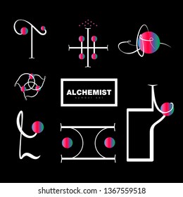 Set line art sacral geometry gradient circle alchemy symbol icons in modern style. Can be used for fluent design poster, electronic music technology cover, flyer, logo, t-shirt print, tatoo concept.
