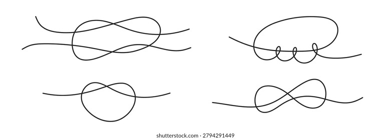 Set of line art simple knots and bow of ropes with loops. Vector illustration