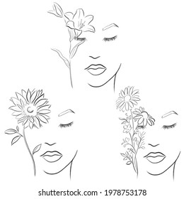 Set of Line art sketch of woman face with flower, vector illustration	