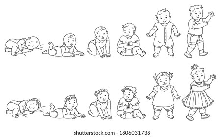 Set of line art sketches of child in first year of life, vector illustration isolated on white background. Scheme of stages of children growth and physical development.