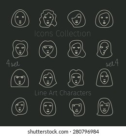 set of line art style character faces