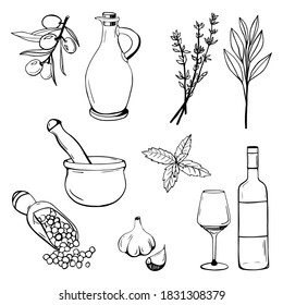 A set in line art style consisting of a bottle of wine, a glass, herbs, garlic, olive oil, a spatula and mortar for spices, pepper. Used for web design, menu, banner, coloring, printing.