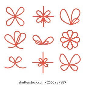 Set of line art style festive ribbon bows for gifts. Holiday gift decoration silhouette, birthday elegant design element, Christmas, Valentine day .   Isolated vector.