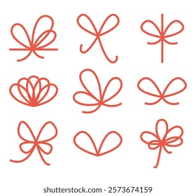 Set of line art style festive ribbon bows for gifts. Holiday gift decoration silhouette, birthday elegant design element, Christmas, Valentine day .   Isolated vector.