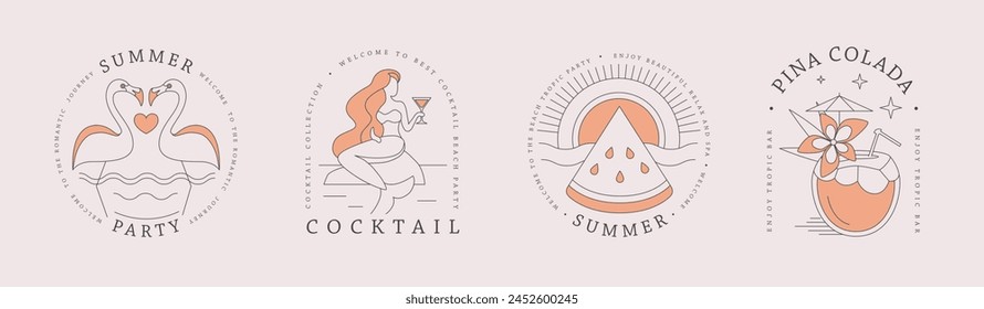 Set of line art summer icons with flamingo, pina colada cocktail, mermaid and watermelon. Set of summer posters. Vector illustration