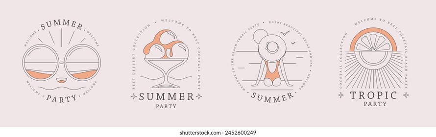 Set of line art summer icons with ice cream, sunglasses, orange, sun and girl in hat. Set of summer posters. Vector illustration