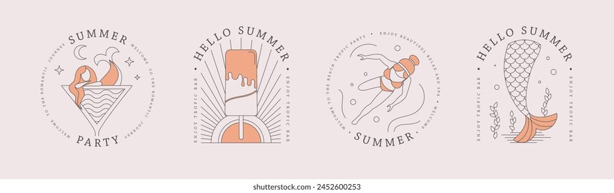 Conjunto de iconos de verano de arte de línea con chica nadadora, cóctel cosmopolita, sirena y helado. Conjunto de carteles de verano. Ilustración vectorial