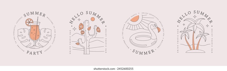 Set of line art summer icons with palm tree, pina colada cocktail, cactus, crab and Inflatable flamingo circle. Set of summer posters. Vector illustration