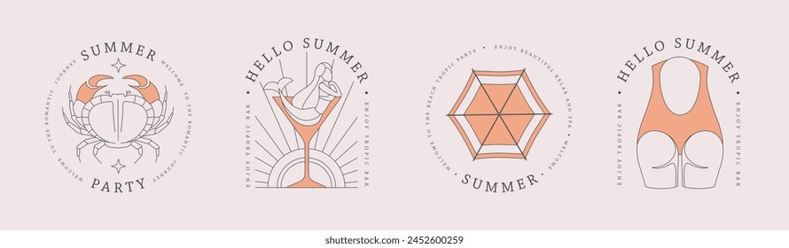 Set of line art summer icons with swimsuit, cosmopolitan cocktail, mermaid, crab and beach umbrella. Set of summer posters. Vector illustration